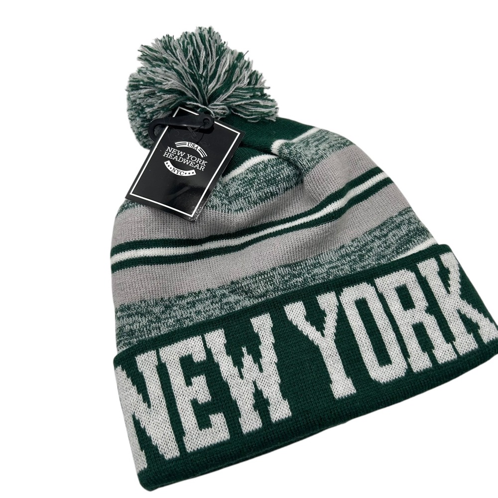 NWT New York Jets Headwear Beanie Hat OS Green Gray White Pom Knit Football Gift